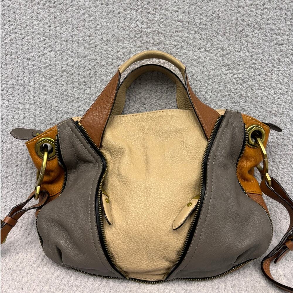 Oryany Tan Grey Colorblock Leather Satchel Purse #79763